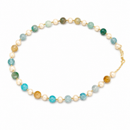 Close-up view of Aqua Agate & Semi-Cultured Pearl Beaded Necklace showing handcrafted details