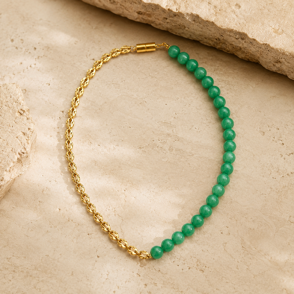 Front view of Green Agate Half-Chain Bead Necklace handcrafted by Pathrohi