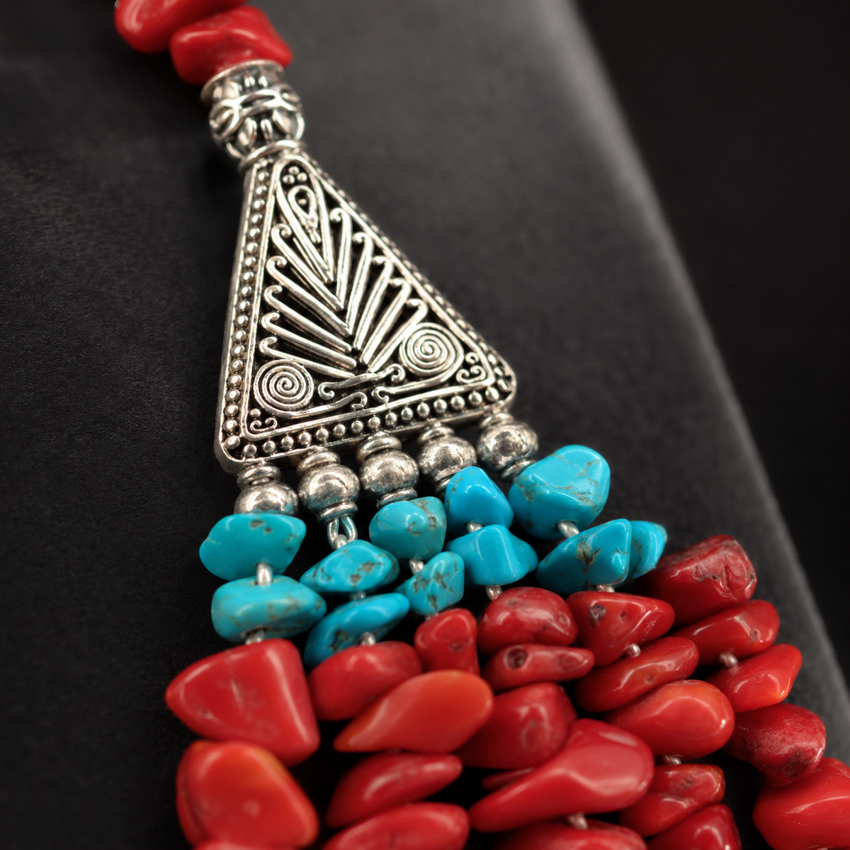Close-up of Crimson Aqua Agate Multi-Strand Necklace showing pendant and finishing details