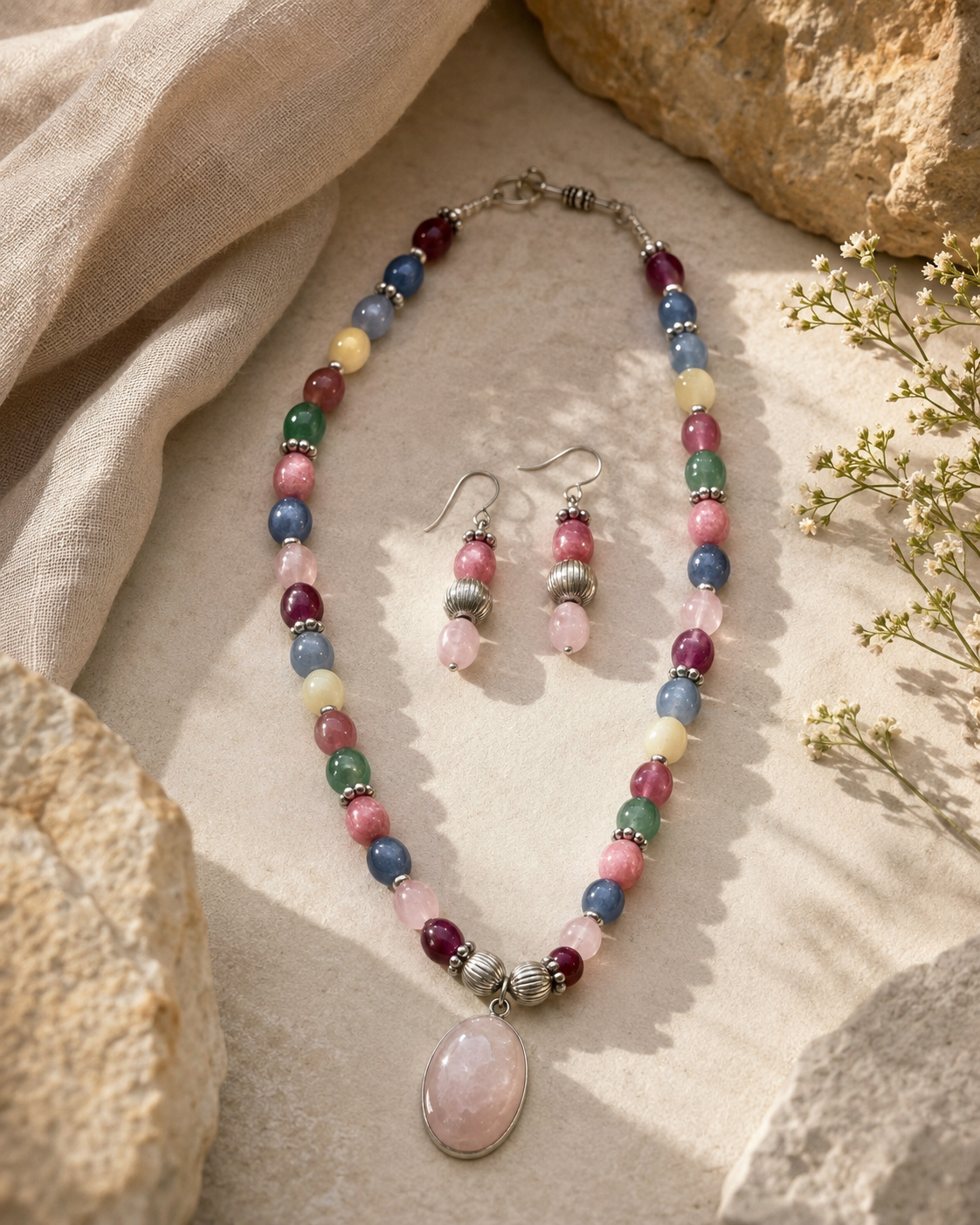 Close-up of Pastel Rose Quartz Multicolour Set showing pendant and finishing details