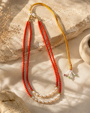 Coral & Pearl Crest Two-Layer Necklace – view 9 | Pathrohi