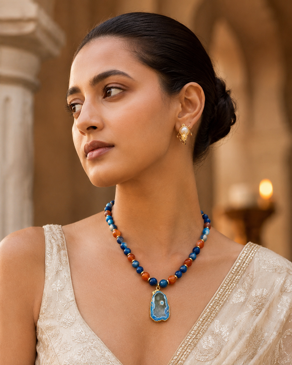 Additional detail view of Cobalt Blue Agate Slice Pendant Necklace handcrafted by Pathrohi