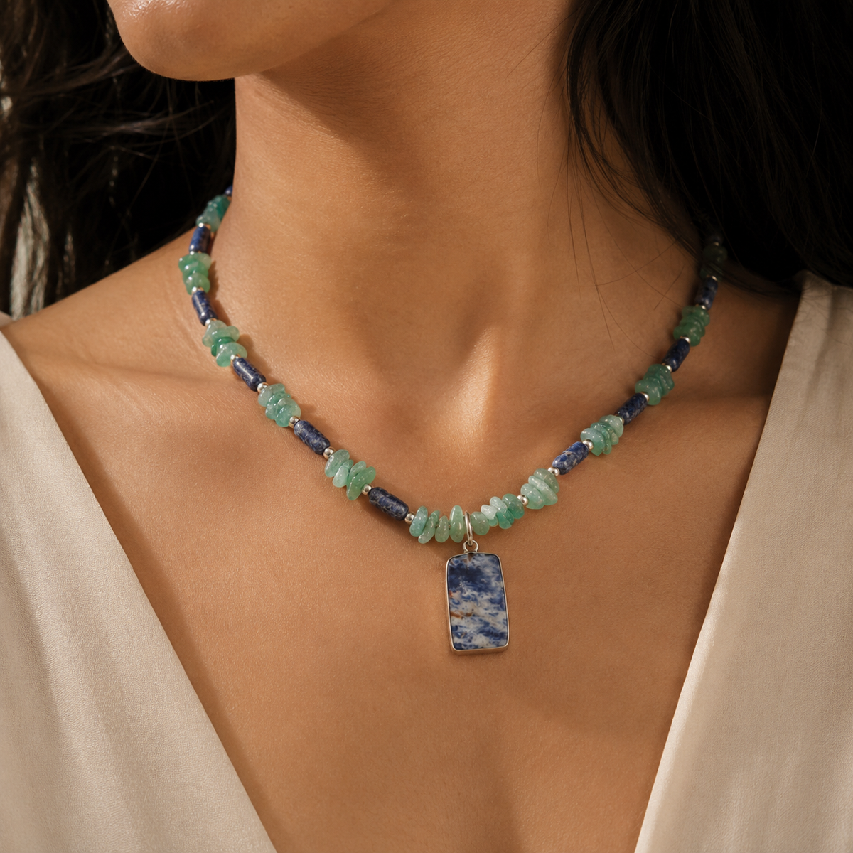 Close-up of Sodalite Aventurine Pendant Necklace showing pendant and finishing details