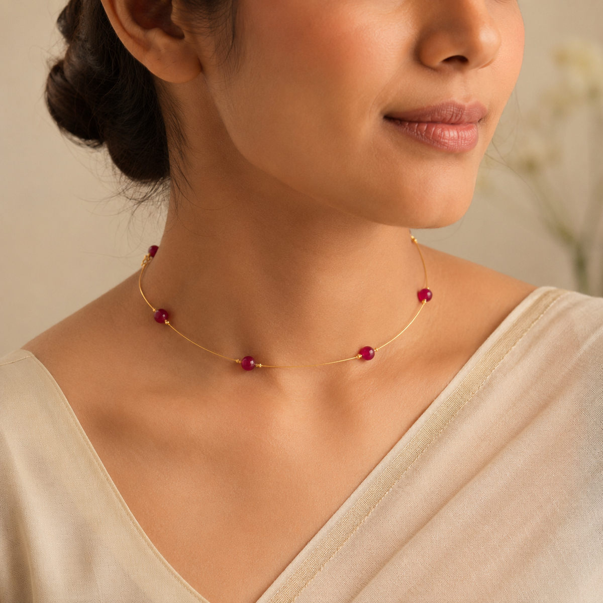 Full view of Ruby Dew Fine Wire Necklace showing necklace proportions