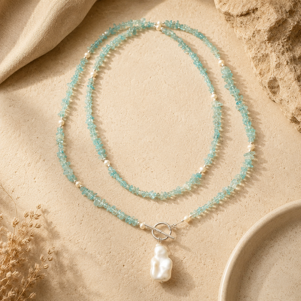 Front view of Aqua Agate & Semi-Cultured Pearl Double-Strand Drop Necklace handcrafted by Pathrohi