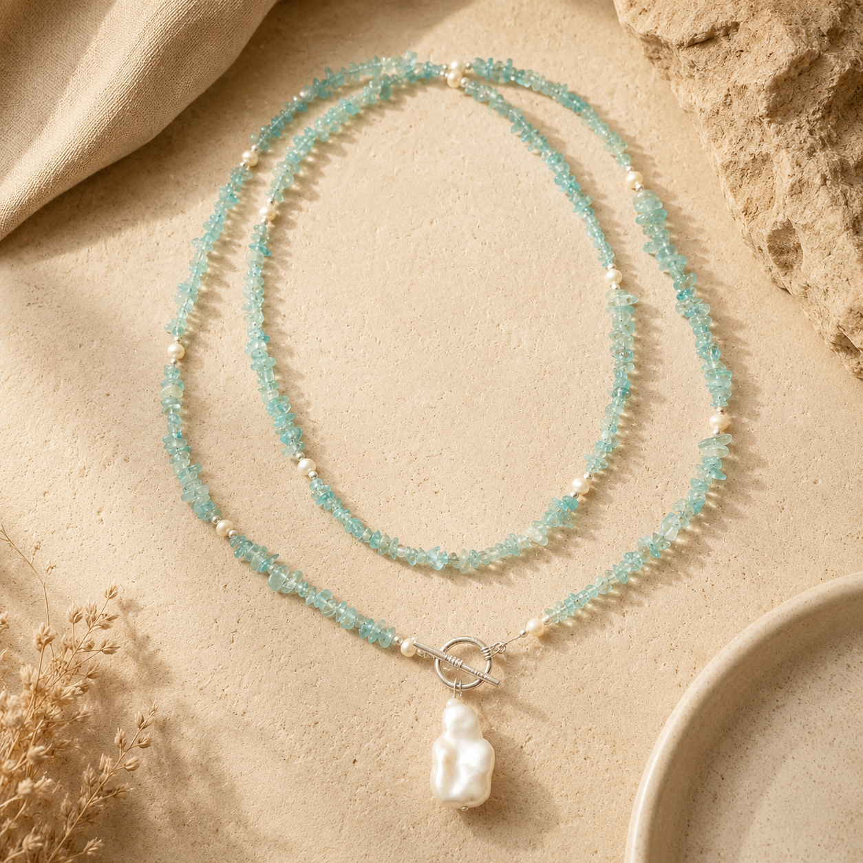 Front view of Aqua Agate & Semi-Cultured Pearl Double-Strand Drop Necklace handcrafted by Pathrohi