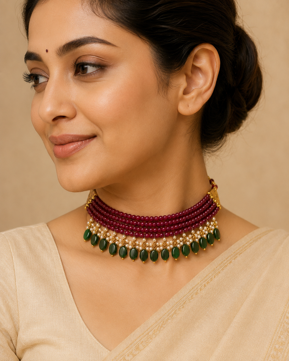 Ruby Rose & Emerald Oval-Drop Agate Choker – view 3 | Pathrohi
