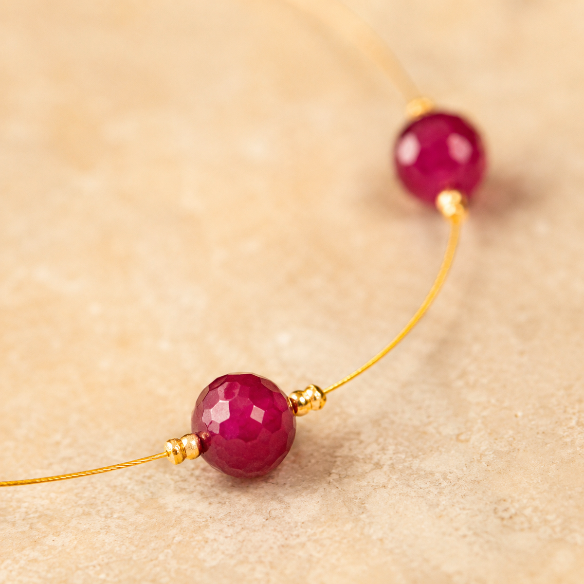 Detailed view of Ruby Dew Fine Wire Necklace showing stone and bead arrangement