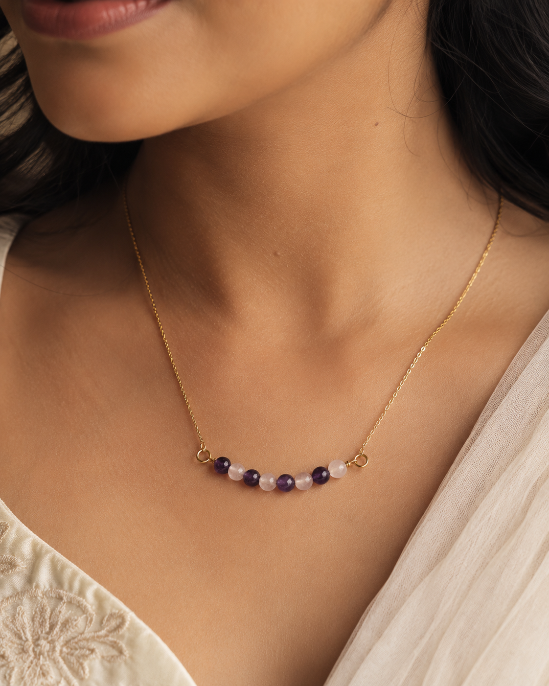 Violet Crystal Amethyst & Clear Quartz Mini Necklace – view 4 | Pathrohi