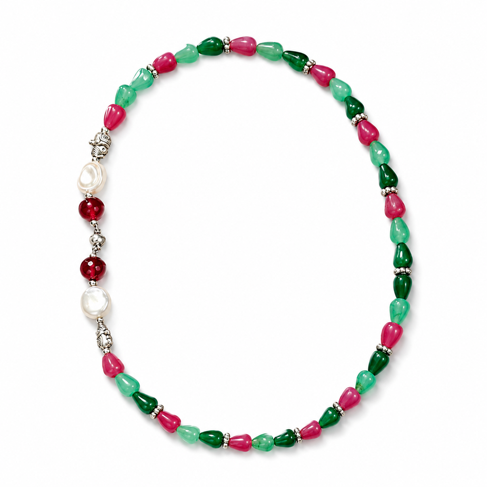 Close-up view of Emerald Ruby Teardrop Necklace showing handcrafted details