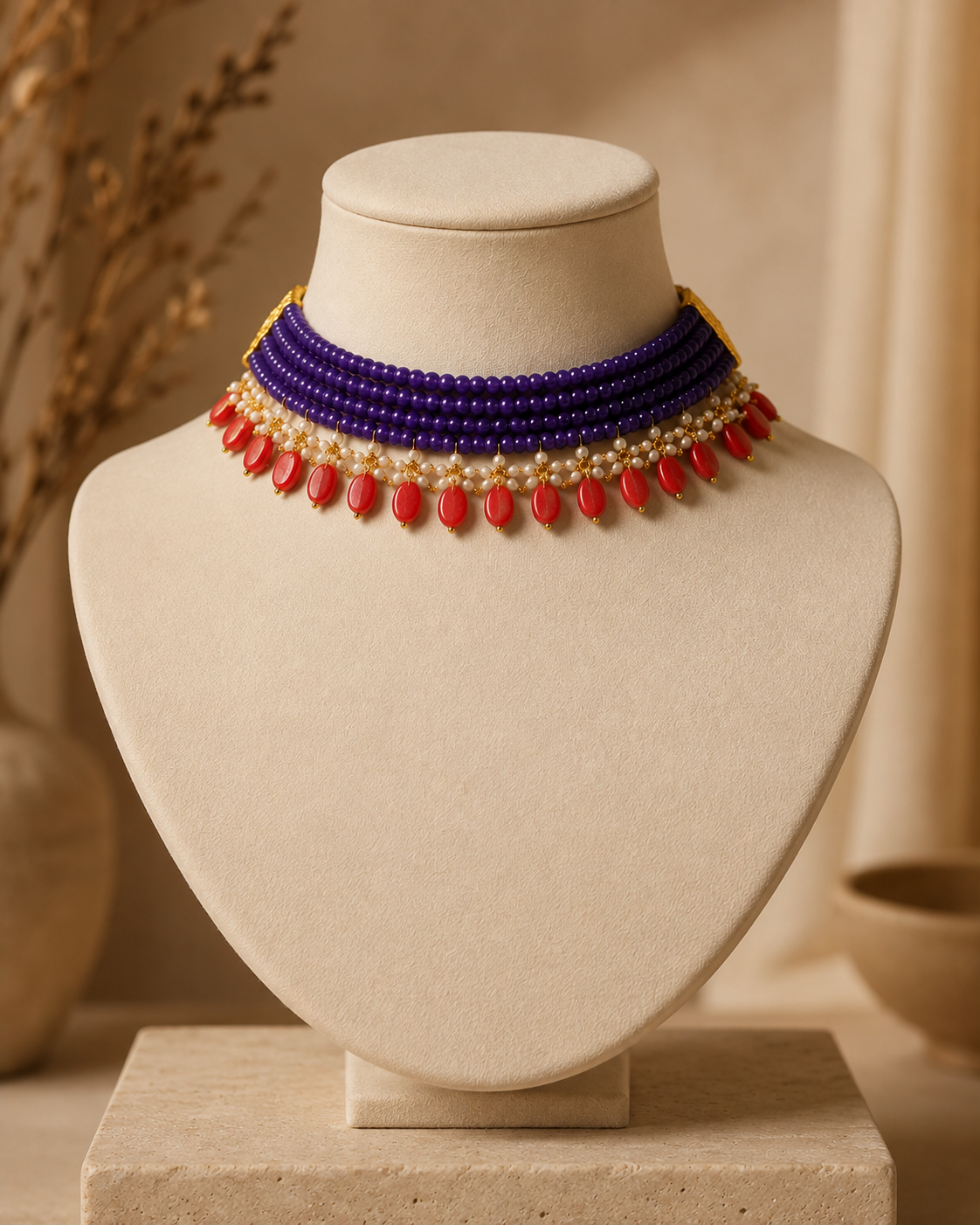 Amethyst Violet & Coral Oval-Drop Agate Choker – view 7 | Pathrohi