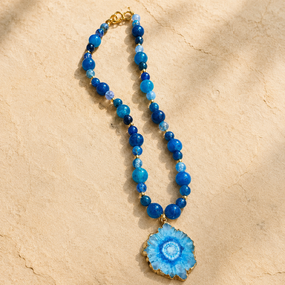 Turquoise Tide Blue Onyx Slice Pendant Necklace – view 2 | Pathrohi