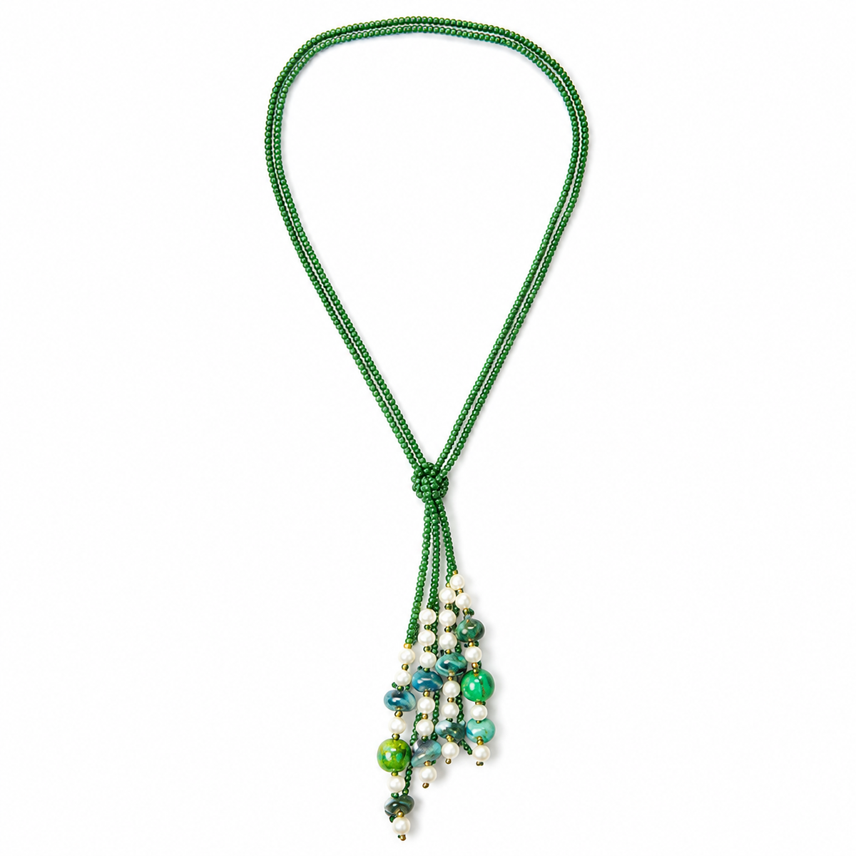Additional styling view of Green Agate Cascade Tassel Necklace by Pathrohi