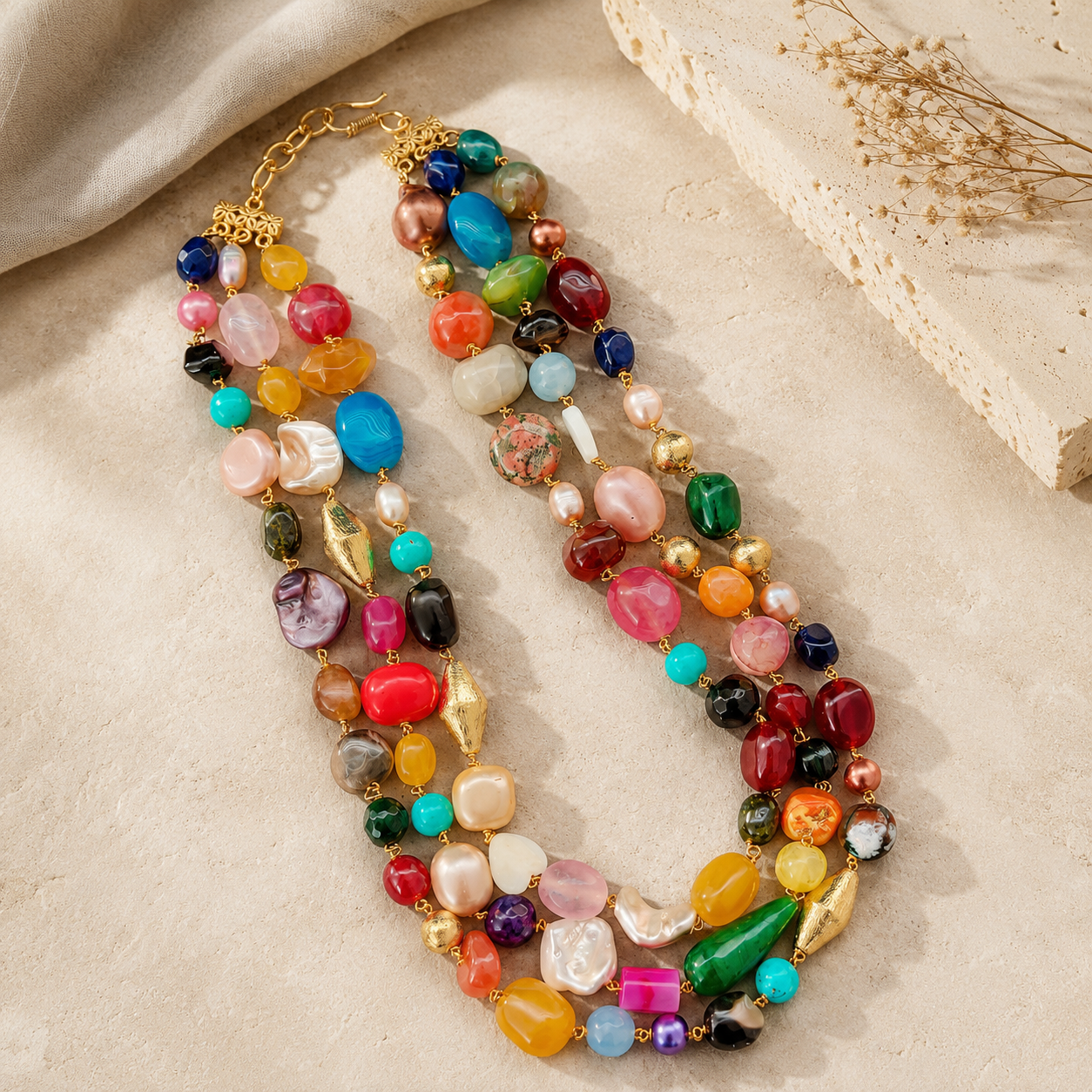 Front view of Multicolour Agate Three-Layer Necklace handcrafted by Pathrohi