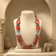 Full view of Coral Agate Elephant Multi-Strand Necklace showing necklace proportions