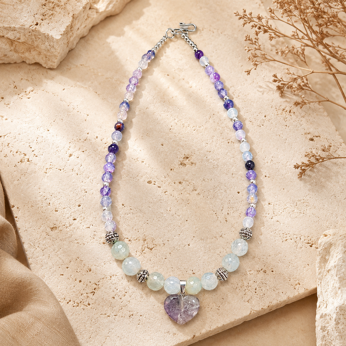 Front view of Amethyst Moon Heart Pendant Necklace handcrafted by Pathrohi