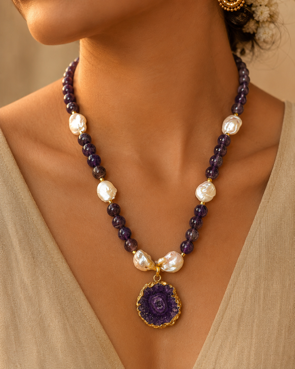 Violet Pearl Amethyst Geode Pendant Necklace – view 3 | Pathrohi