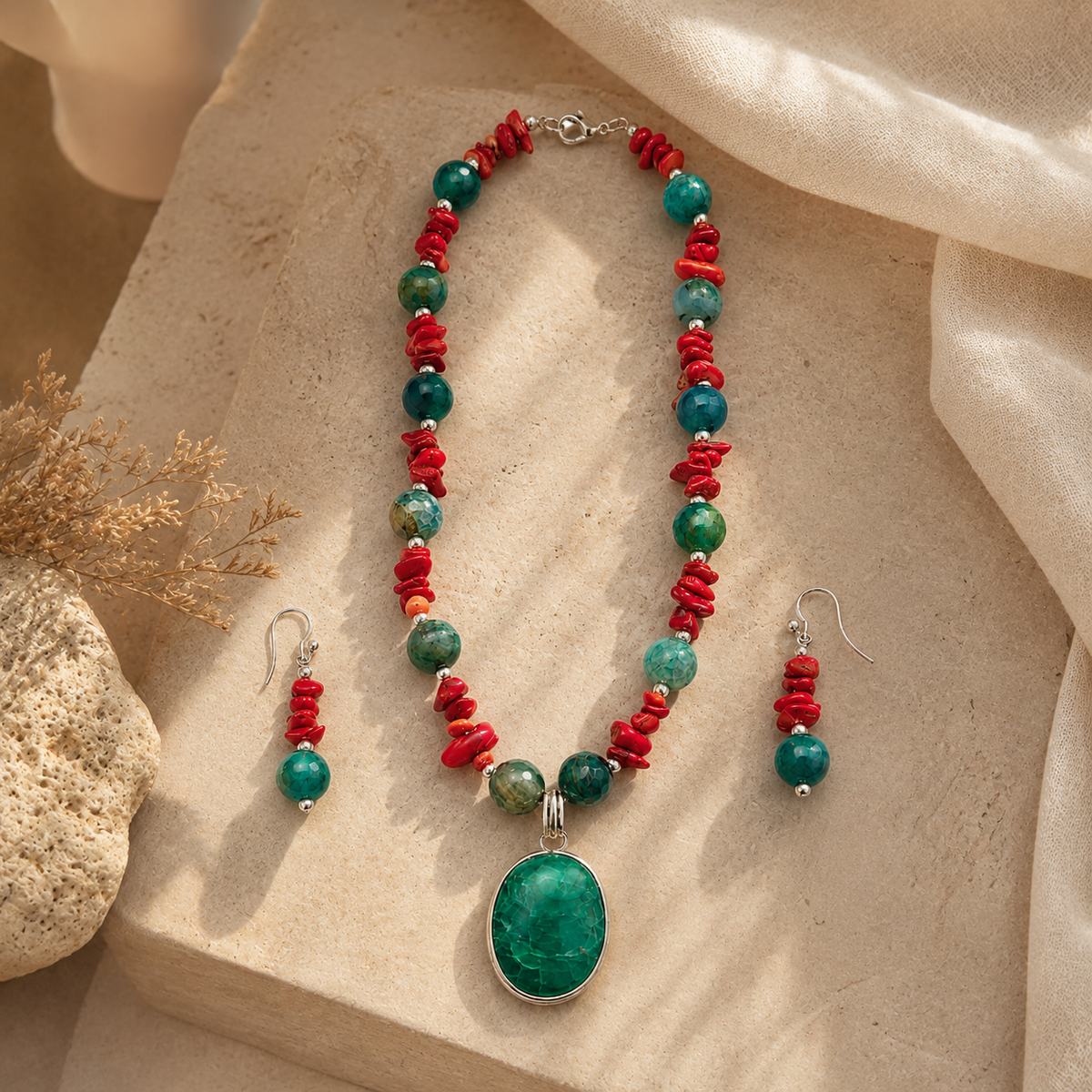 Additional styling view of Coral Turquoise Agate Pendant Set by Pathrohi