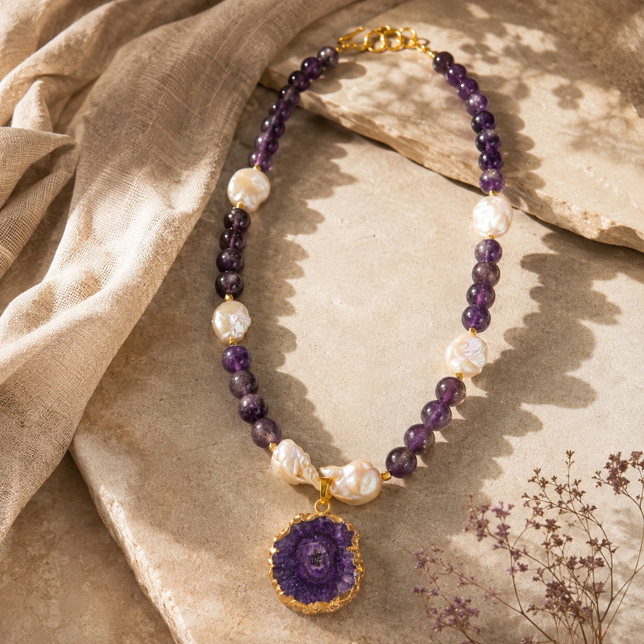 Violet Pearl Amethyst Geode Pendant Necklace – view 5 | Pathrohi