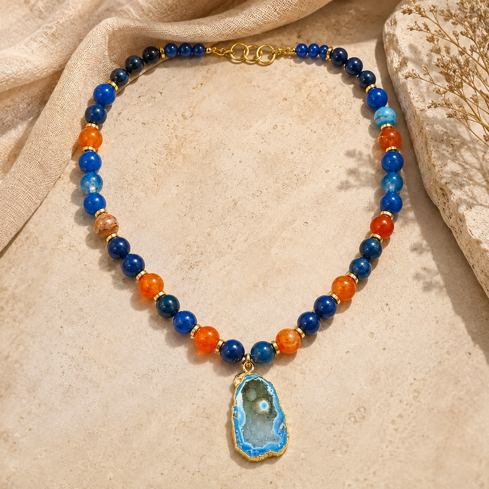 Front view of Cobalt Blue Agate Slice Pendant Necklace handcrafted by Pathrohi
