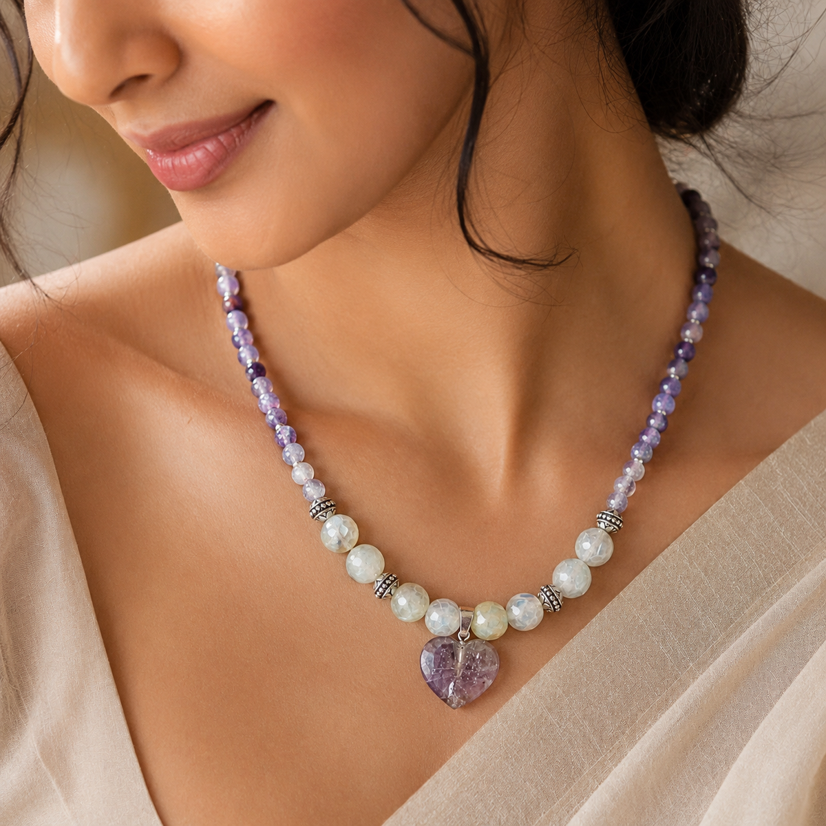 Close-up of Amethyst Moon Heart Pendant Necklace showing pendant and finishing details