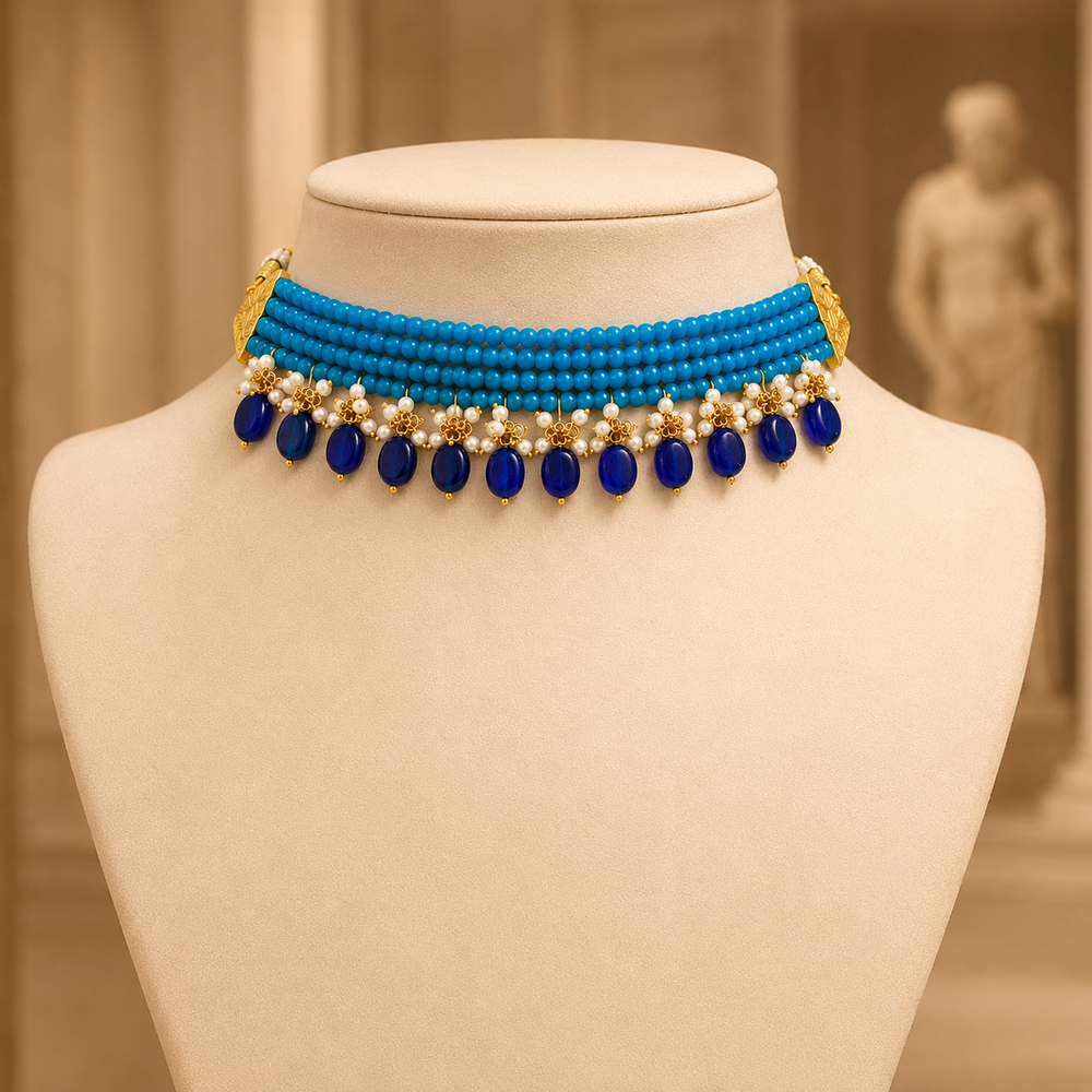 Firoza Blue & Navy Oval-Drop Agate Choker – view 5 | Pathrohi