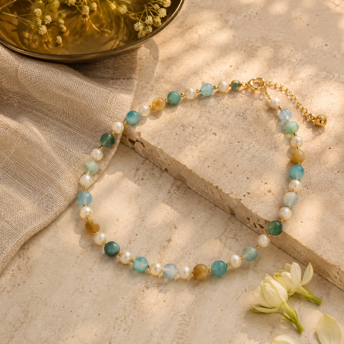 Additional styling view of Aqua Agate & Semi-Cultured Pearl Beaded Necklace by Pathrohi