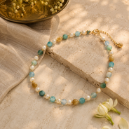 Additional styling view of Aqua Agate & Semi-Cultured Pearl Beaded Necklace by Pathrohi