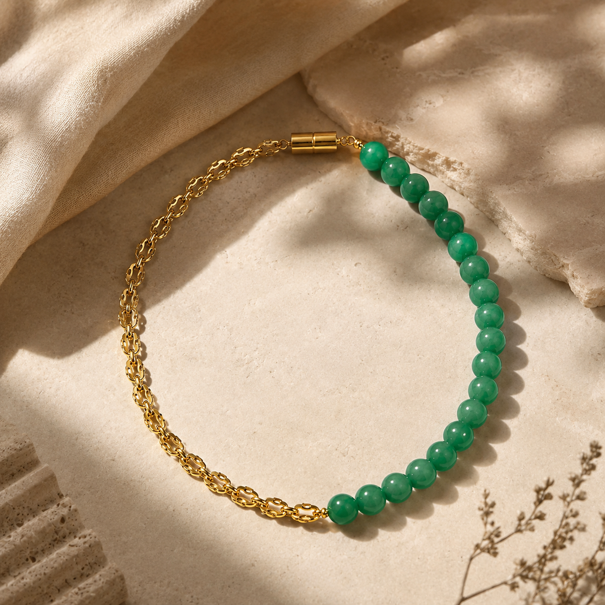 Additional styling view of Green Agate Half-Chain Bead Necklace by Pathrohi