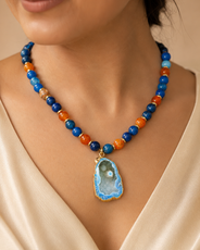 Close-up of Cobalt Blue Agate Slice Pendant Necklace showing pendant and finishing details