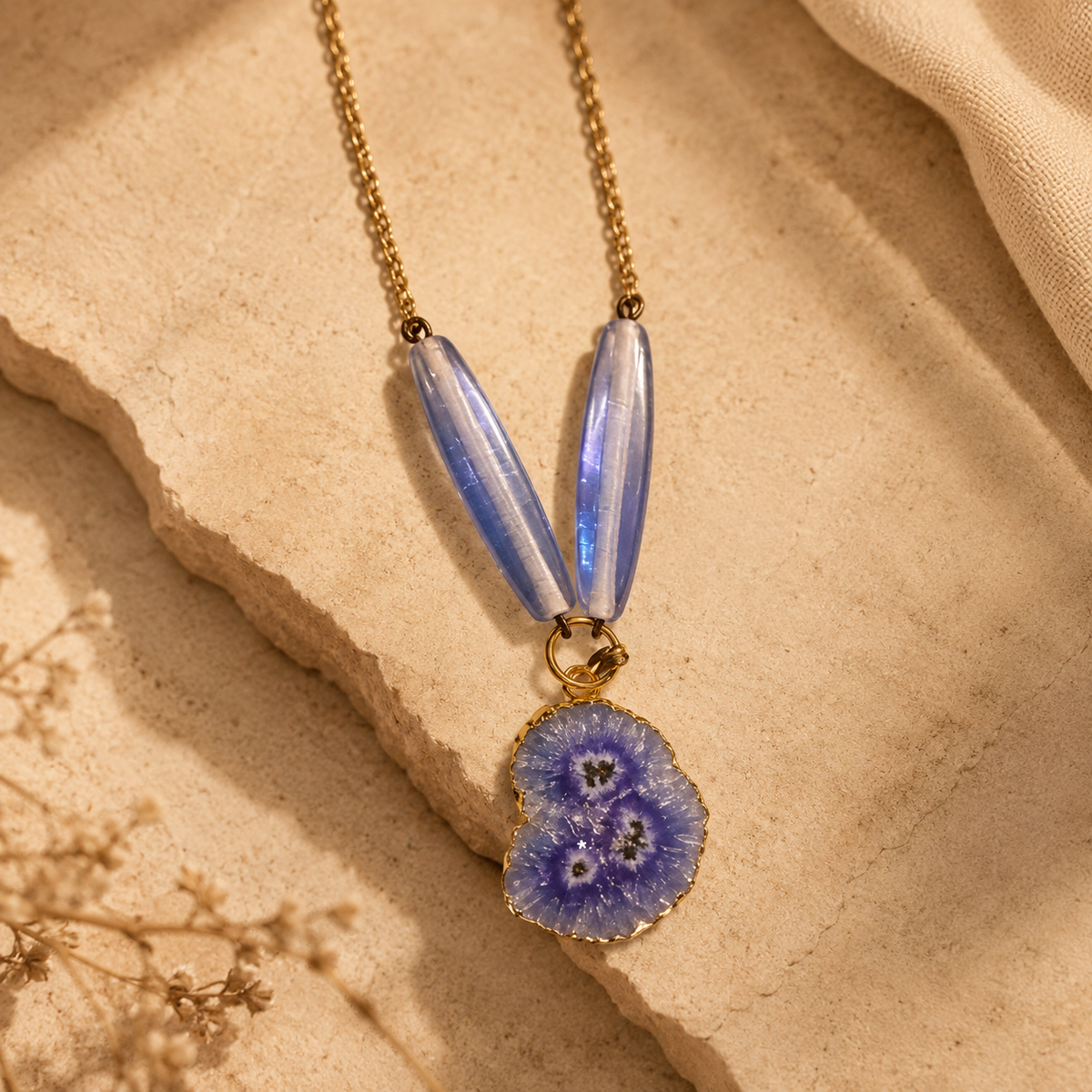 Front view of Lilac Agate Slice Locket Necklace handcrafted by Pathrohi