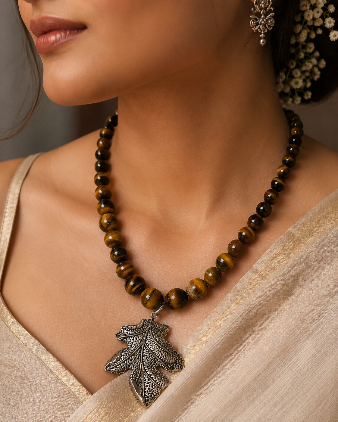 Full view of Tiger Eye Leaf Pendant Necklace showing necklace proportions