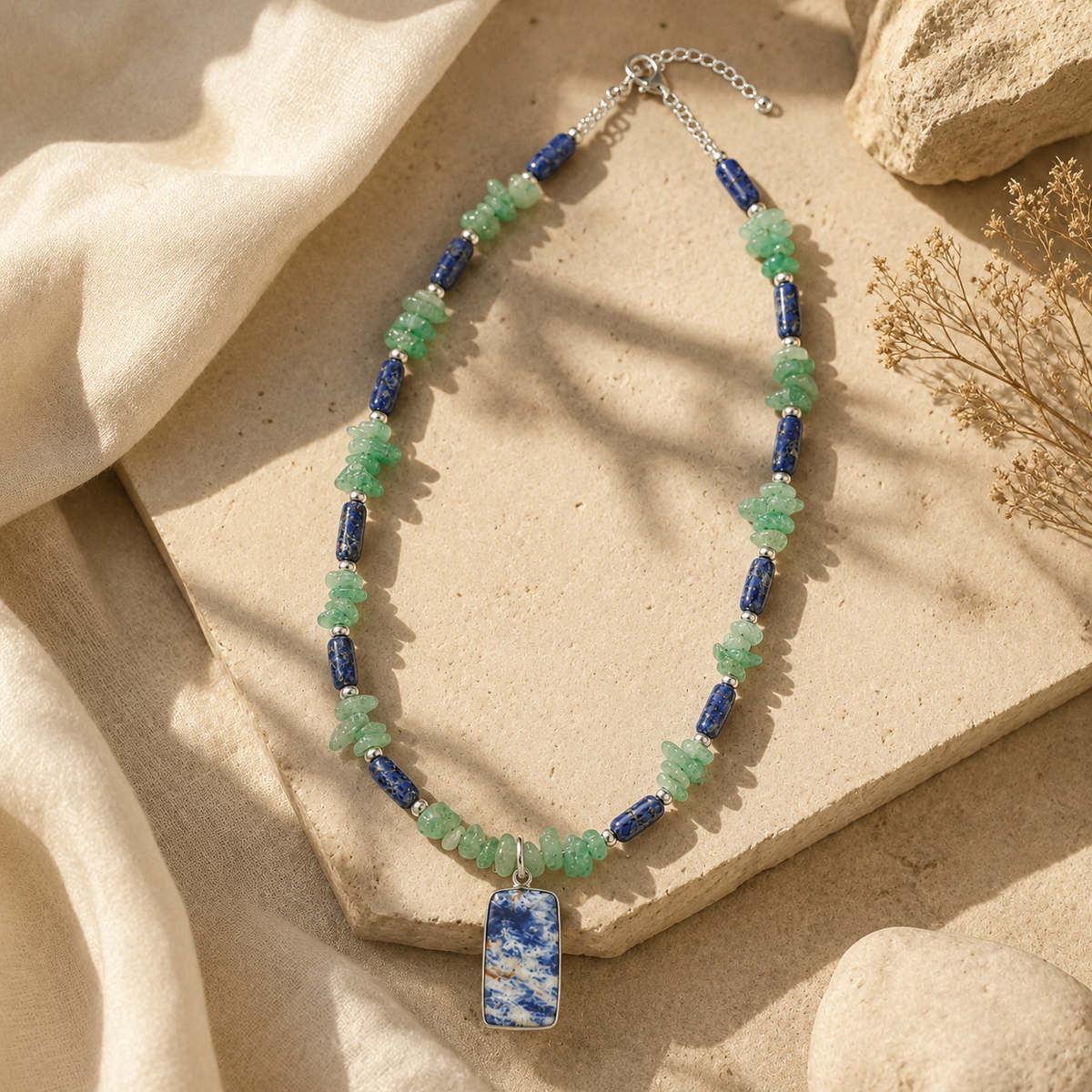 Additional styling view of Sodalite Aventurine Pendant Necklace by Pathrohi