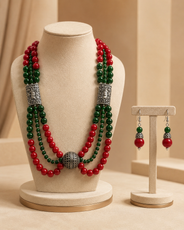 Detailed view of Ruby Green Multi-Layer Statement Set showing stone and bead arrangement