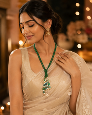 Angled view of Green Agate Cascade Tassel Necklace handcrafted by Pathrohi