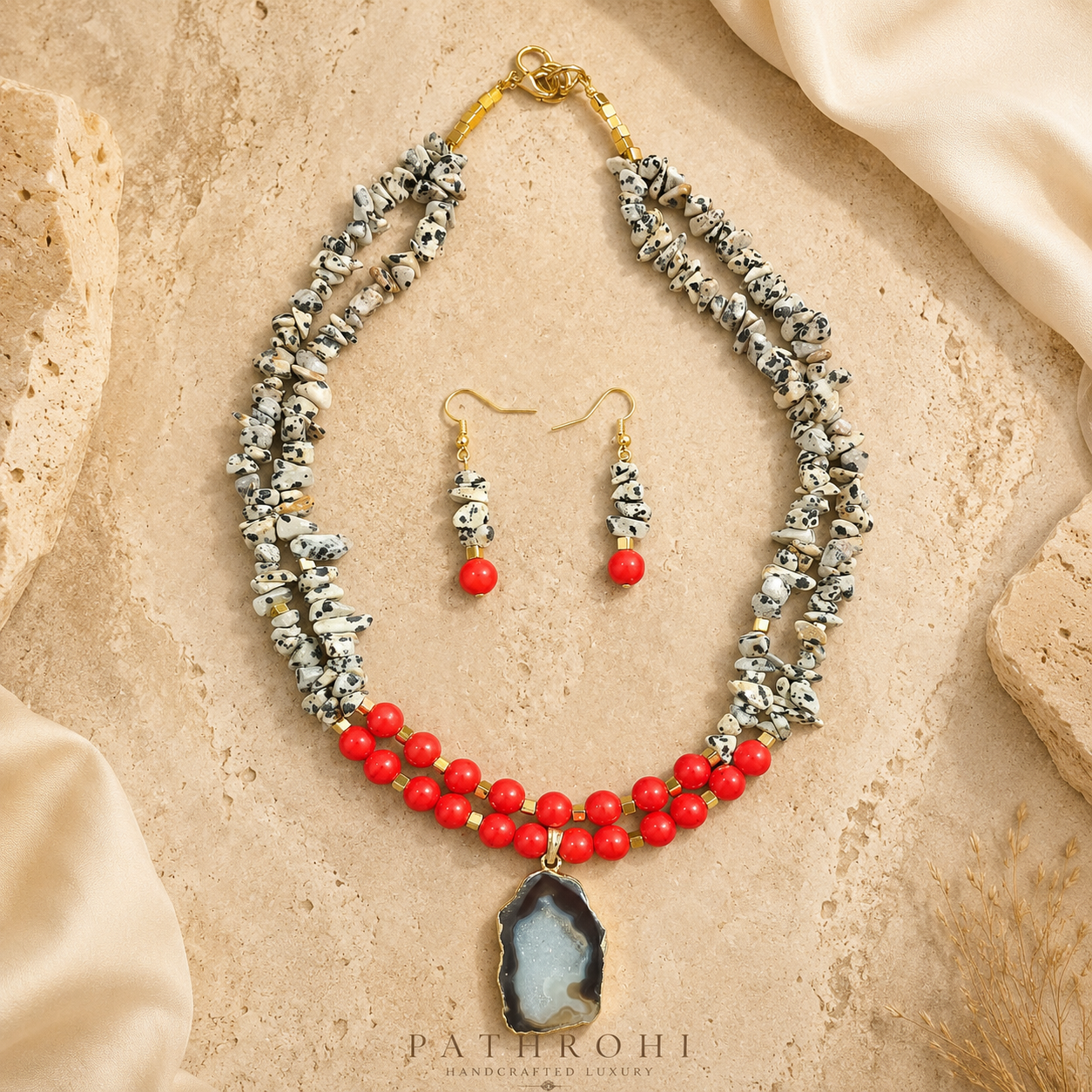 Front view of Scarlet Speckled Agate Slice Necklace Set handcrafted by Pathrohi
