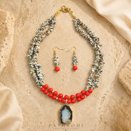 Front view of Scarlet Speckled Agate Slice Necklace Set handcrafted by Pathrohi