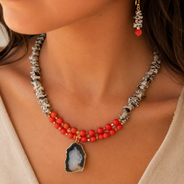 Close-up of Scarlet Speckled Agate Slice Necklace Set showing pendant and finishing details