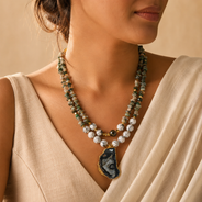 Close-up of Moss Agate Druzzy Slice Layered Necklace showing pendant and finishing details