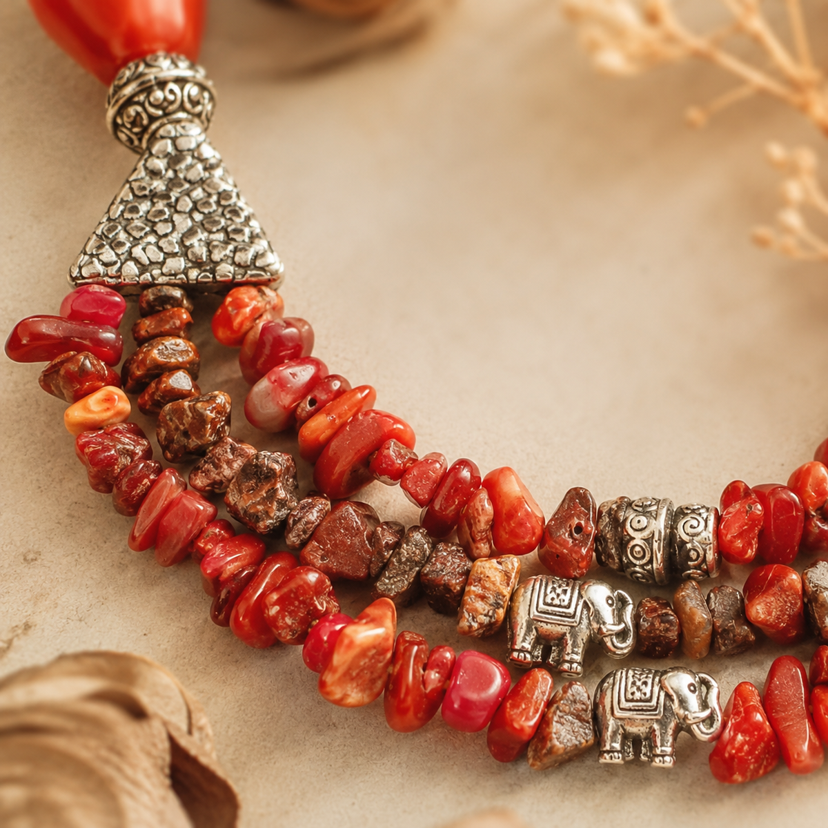 Detailed view of Coral Agate Elephant Multi-Strand Necklace showing stone and bead arrangement