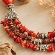 Detailed view of Coral Agate Elephant Multi-Strand Necklace showing stone and bead arrangement
