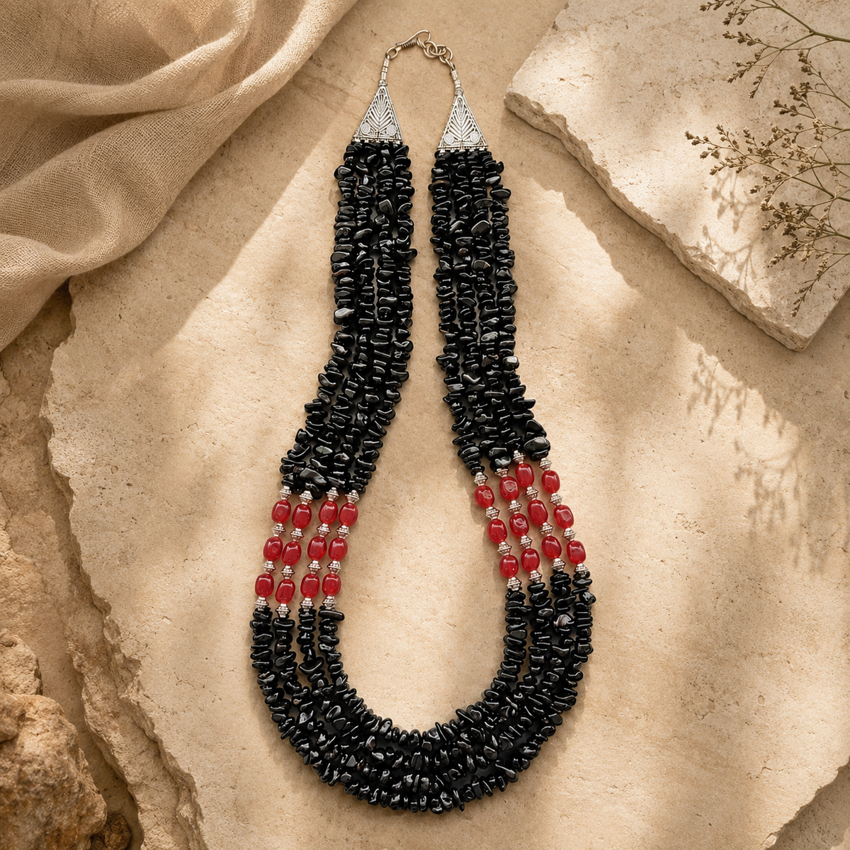 Full view of Black & Red Agate Three-Layer Necklace showing necklace proportions