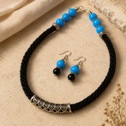 Front view of Azure Noir Oxidised Tube Necklace Set handcrafted by Pathrohi