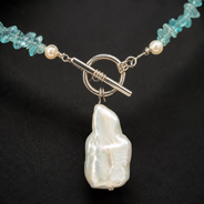 Detailed view of Aqua Agate & Semi-Cultured Pearl Double-Strand Drop Necklace showing stone and bead arrangement