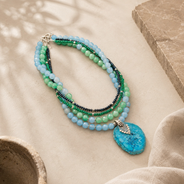Angled view of Blue Agate Five-Layer Pendant Necklace handcrafted by Pathrohi
