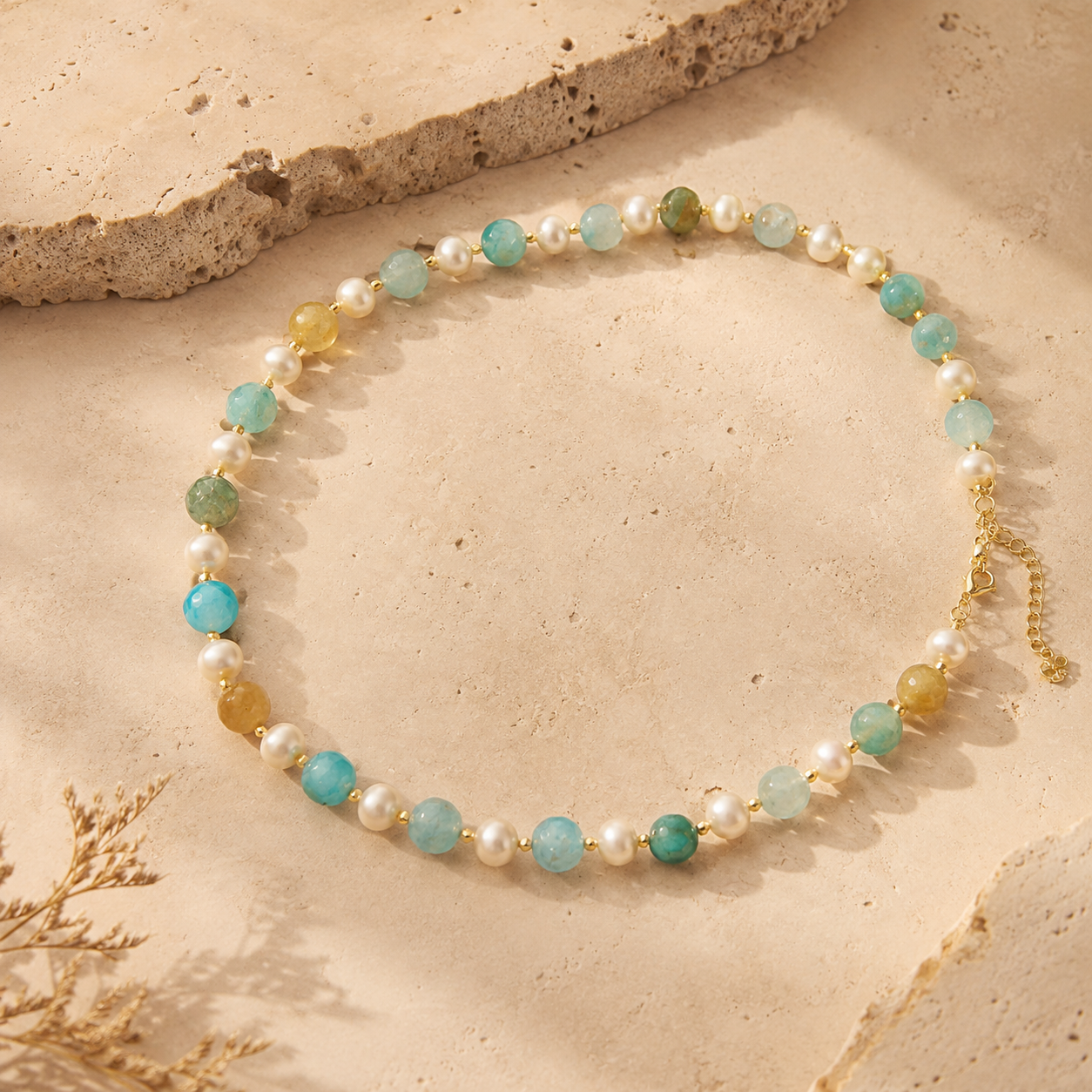 Front view of Aqua Agate & Semi-Cultured Pearl Beaded Necklace handcrafted by Pathrohi