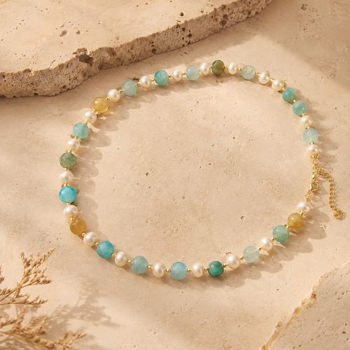 Front view of Aqua Agate & Semi-Cultured Pearl Beaded Necklace handcrafted by Pathrohi