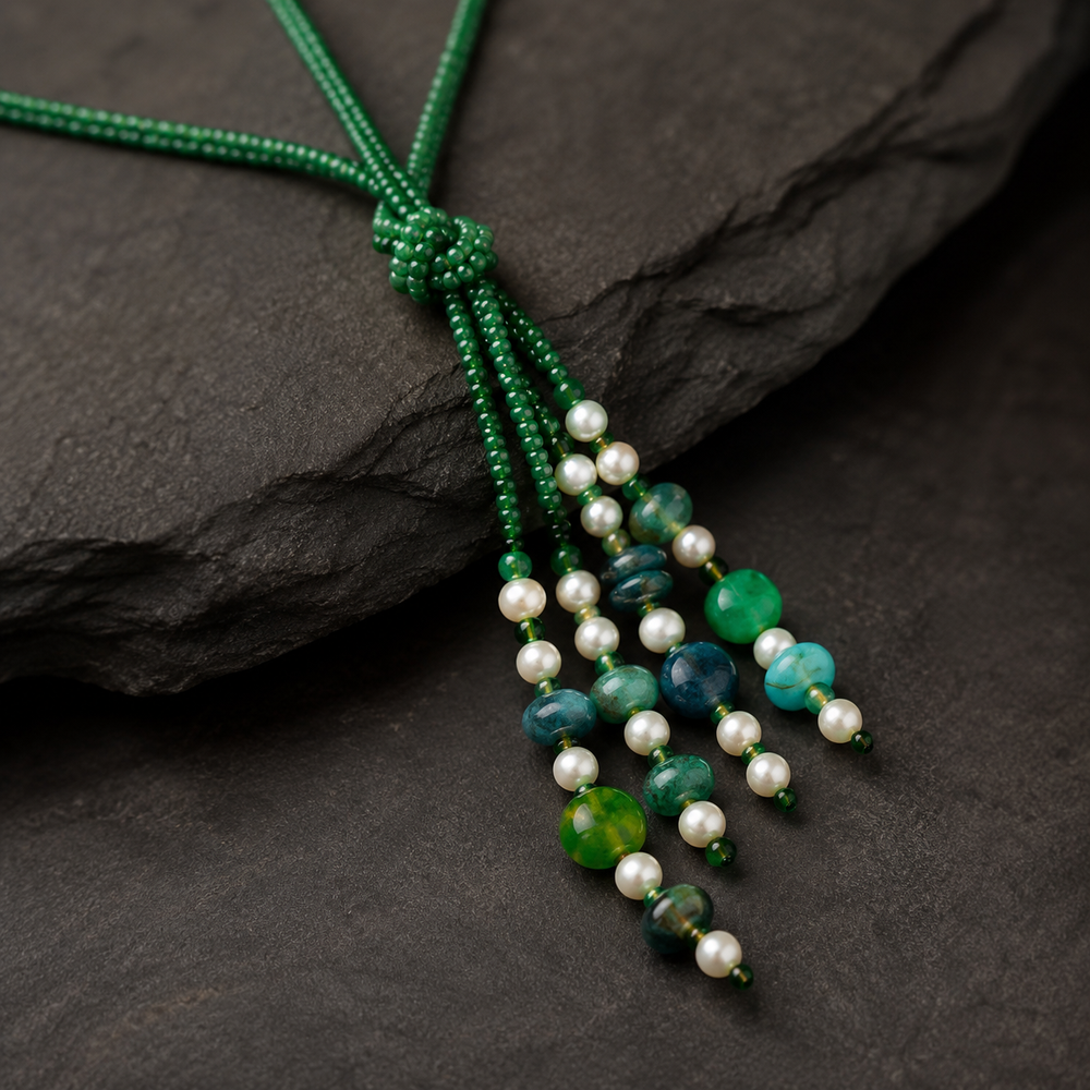 Front view of Green Agate Cascade Tassel Necklace handcrafted by Pathrohi