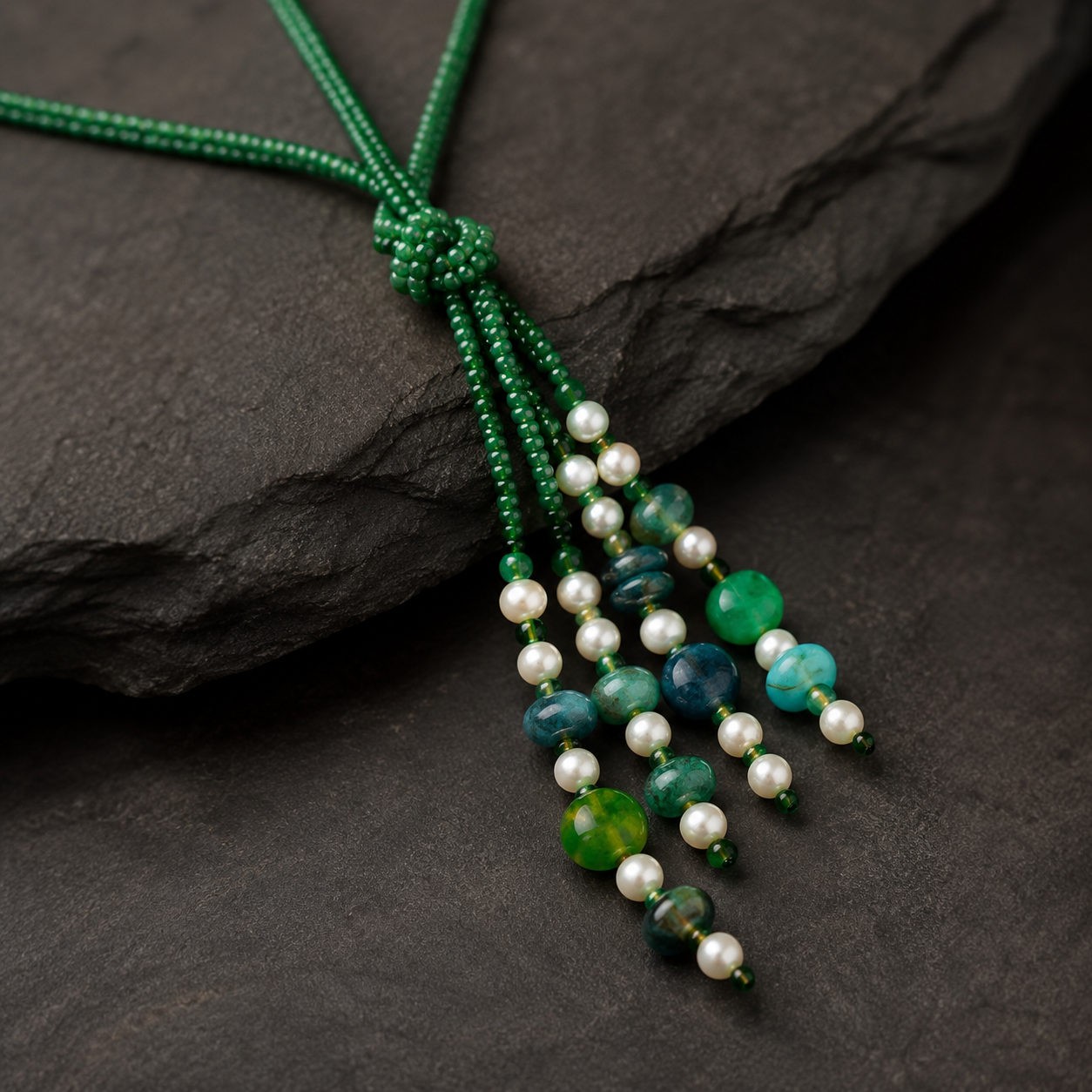 Front view of Green Agate Cascade Tassel Necklace handcrafted by Pathrohi