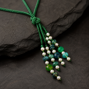 Front view of Green Agate Cascade Tassel Necklace handcrafted by Pathrohi